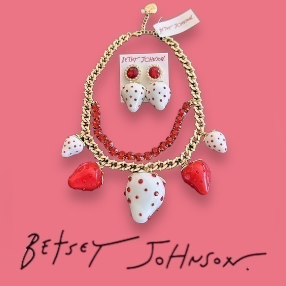 Betsey Johnson White Crystal Strawberry Necklace & Earrings Set - Picture 1 of 2